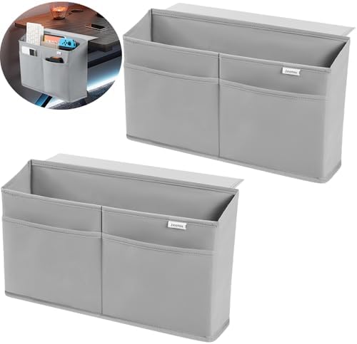 2 Pack Desk Side Hanging Organizer, Adhesive Storage Bag with Pockets for Magazine Ipad Notebook, for End Tables Home Office Desks Computer Workstations Dressing Table, Grey - Image 2