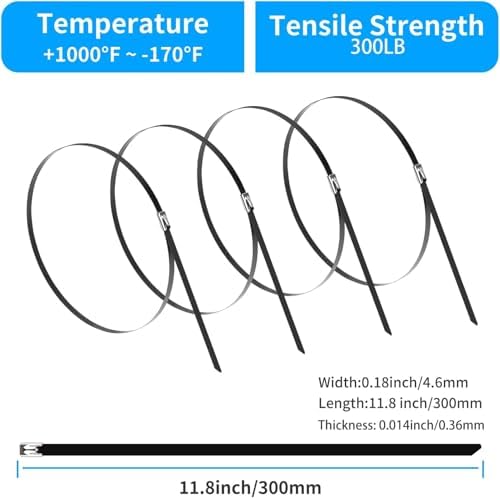XINGO 11.8 inch Metal Zip Ties (600 Pack), 304 Stainless Steel Heavy Duty Zip Ties, 300lbs Tensile Strength, Multi-Purpose Self-locking Cable Ties for Exhaust Wrap, Outdoor and Canopy Etc - Image 2