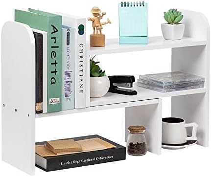 Desktop Adjustable Natural Wood Book Shelf Organizer Office Storage Rack Display Stand Caddy Set Expandable Desk Organizer (White) by VERGOODR