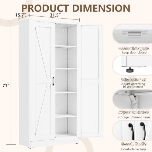 White Metal Storage Cabinet, 71" Kitchen Pantry Cabinets for Office - Image 2