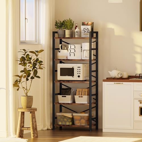 Organization and Storage, 5 Tier Bookshelf, Tall Bookcase with Shelves, Wood and Metal Book Shelf Storage Organizer, Industrial Display Standing Shelf Unit for Bedroom, Living Room, Rustic Brown - Image 4