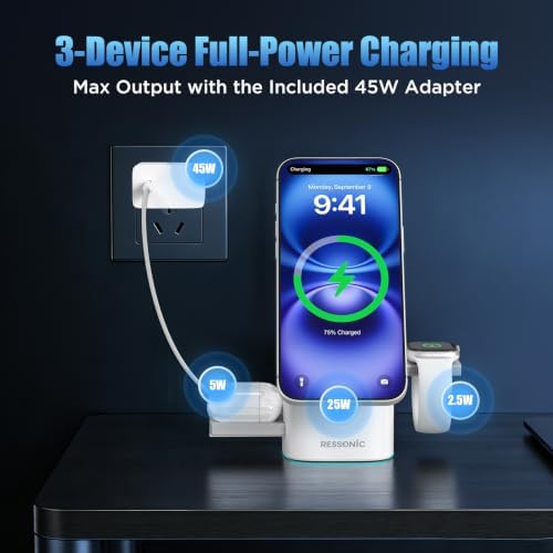 25W 3 in 1 Wireless Charging Station for Apple&Samsung, Desk Night Stand - Image 3