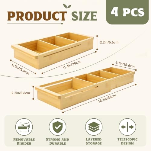 Yookeer 4 Pcs Expandable Drawer Organizer Adjustable Hanging Deep Drawer 11.4'' to 18.1'' Bamboo Wood Dividers Storage Tray for Desk Kitchen Bedroom Bathroom Office Supplies - Image 2