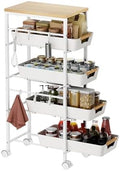 5-Tier Slim Storage Cart, Wooden Top Rolling Kitchen Cart with Pull-Out Baskets & Wheels, Narrow Space Utility Cart Slide Out Organizer for Kitchen, Bathroom, Laundry Room, White by Landmok