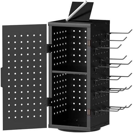 Alyoen Rotating Pegboard Display Stand With 24 Hooks - Metal Spinning Peg Board Organizer Accessories with Magnetic Door Design, Magnet Display Stand for Keychain, Jewelry, Earring by Alyoen