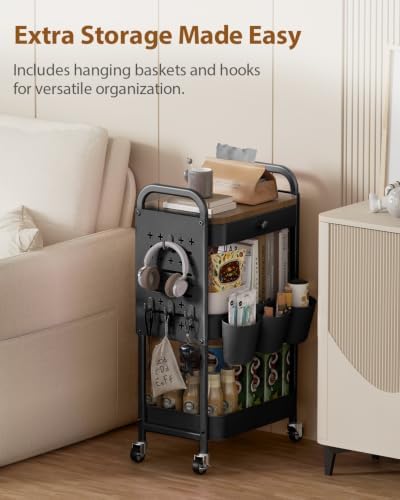 ALVOROG 3 Tier Metal Rolling Cart with Drawer,Wood Top,Pegboards,Black - Image 2