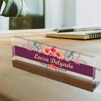 Artblox Personalized Office Desk Name Plate and Business Card Holder | Clear Acrylic Glass with Teak Wood Stand | Wild Flowers Design Customized with Your Name and Credentials Office Desk Decor - Image 2