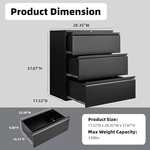 Guizeeopo Metal File Cabinet with Lock, 3 Drawer Lateral File Cabinets for Home Office, Heavy Duty Office Storage Cabinet for A4/Letter/Legal Size, Assembly Required(Black) - Image 2