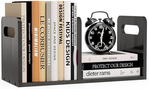 100% Solid Wood Adjustable Desktop Bookshelf with Movable Divider, Retro Tabletop Bookshelf with Convenient Handle Design for Living Room, Home, Office, Perfect for Magazine Book (Black) by Soultopxin