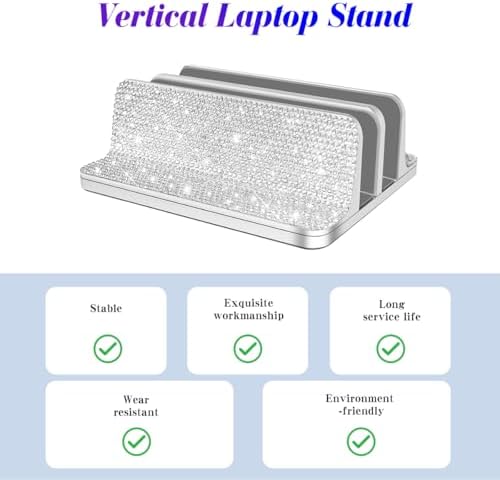 Bling Vertical Laptop Stand, Double Desktop Stand Holder with Adjustable Dock (Up to 17.3 inch),Compatible with All MacBook/Surface/Samsung/HP/Dell/Chrome Book (Silver Glitter Rhinestones) - Image 4