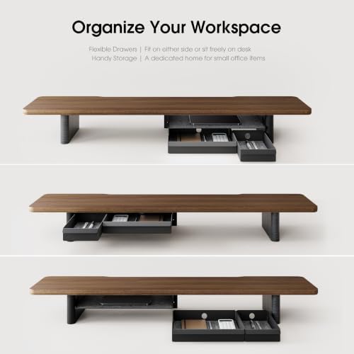 Fenge 42.5" Dual Monitor Stand with Storage Drawer & Solid Wood Legs, Brown - Image 5