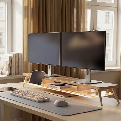 Fenge Dual Monitor Stand Riser with Phone & Tablet Slot, Dark Oak - Image 2
