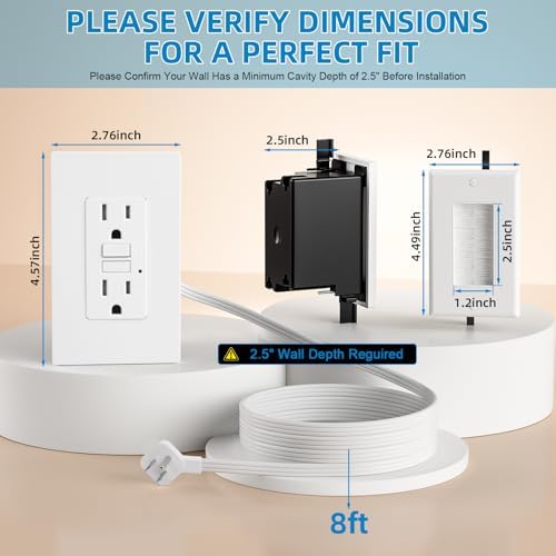 in Wall Cable Management Kit - Outlet Extender - 2AC GFCI Outlet 15amp, Receptacle with LED Indicator Light,8ft Cord,Hard-to-Reach Outlets for TV,Nightstands,Sofa,Desks - Image 2