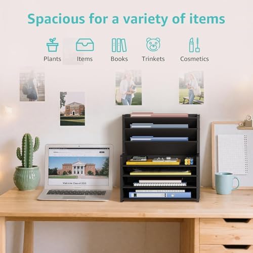 7 Tier Black Desk Organizer with File Holder, Wood Desktop Paper Organizer for Office Organization, Vertical Document Sorter and Letter Tray for Desk, School Storage Orgnizer Shlef - Image 5