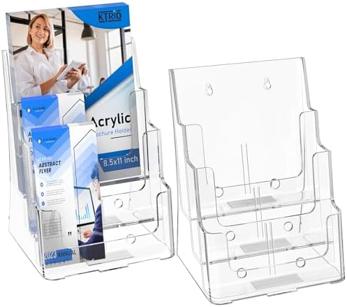 KTRIO 3 Tier Acrylic Brochure Holder 8.5 x 11, 2 Pack, Desktop/Wall Mount by KTRIO