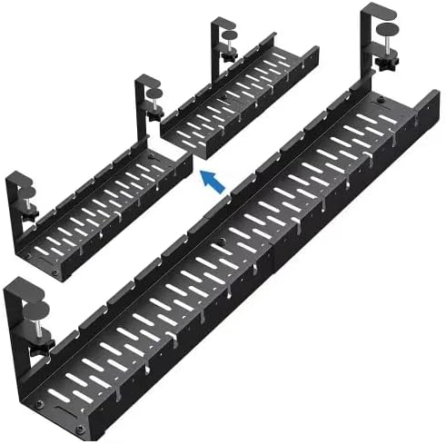 Under Desk Cable Management Tray – No Drill, Retractable Metal Cord Organizer with Clamp Mount, Adjustable Length (11.4" to 21.6"), Desk Wire Organizer for Home Office & Standing Desks, Black - Image 2