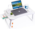 Laptop Desk for Bed, Height Adjustable Laptop Bed Table, Foldable Portable Lap Desk Stand with USB/Storage Drawer/Cup Holder/Slot, Breakfast Tray for Working Reading Writing Eating, White by BYMECOST
