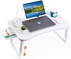 Laptop Desk for Bed, Height Adjustable Laptop Bed Table, Foldable Portable Lap Desk Stand with USB/Storage Drawer/Cup Holder/Slot, Breakfast Tray for Working Reading Writing Eating, White by BYMECOST