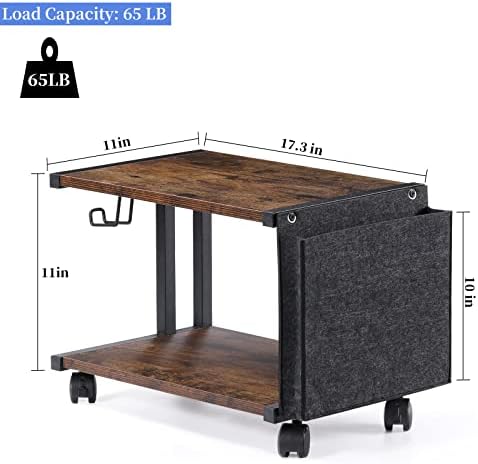 Printer Stand with Storage Bag Under Desk Printer Table on Wheels 2 Tier Small Desktop Rolling Stand Shelf for Fax Machine Scanner Files (Brown) - Image 3