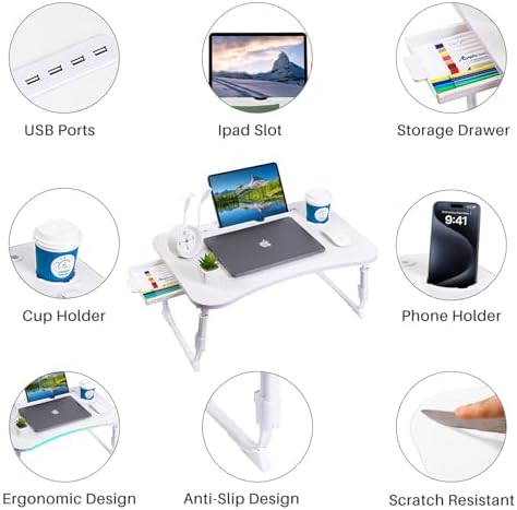 Laptop Desk for Bed, Height Adjustable Laptop Bed Table, Foldable Portable Lap Desk Stand with USB/Storage Drawer/Cup Holder/Slot, Breakfast Tray for Working Reading Writing Eating, White - Image 5