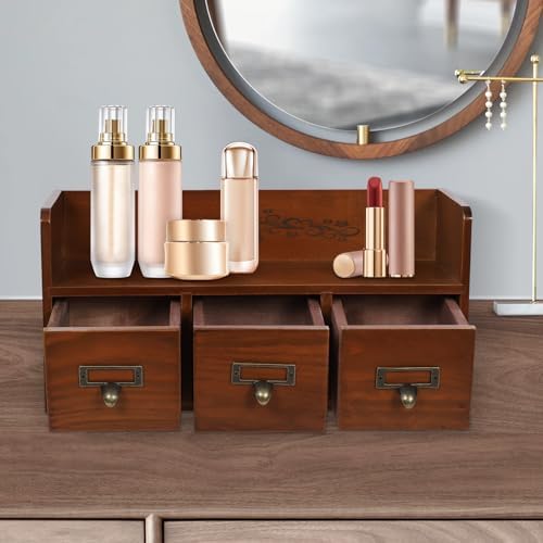 Desk Organizer Box Wooden 2/3-Layer Walnut Color Stackable Desktop Drawer Organizer with 3/6 Drawers Vintage Tabletop Storage Cabinet for Makeup, Letter, Home Office Supplies (3-Drawers) - Image 7