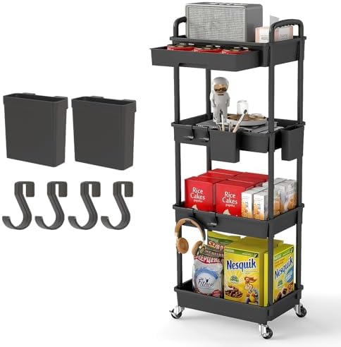 4 Tier Rolling Utility Cart with Drawer,REBECAT Utility Cart Made of Multifunctional Storage Organizer Tool for Kitchen,Bathroom,Living Room,Office(Black) by REBECAT