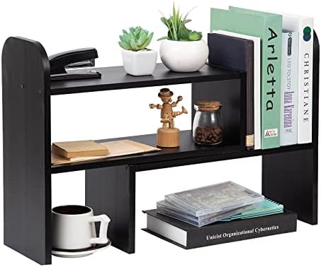 Desktop Adjustable Natural Wood Book Shelf Organizer Office Storage Rack Display Stand Caddy Set Expandable Desk Organizer (Black) by VERGOODR