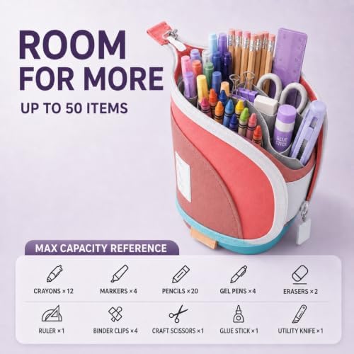 Retractable Pencil Case, Large Standing Pen Pouch, 3 Compartments (Flamingo Pink) - Image 2