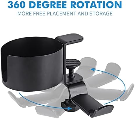 Headphone Stand 2 in 1 Desk Cup Holder Clamp Black, Under Table Headphone Holder Mechanical Telescoping Anti-Spill Cupholder with Cable Organizer, 360° Rotation Hanger Aluminum Alloy Stand Hook Headse - Image 3
