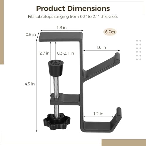 Double-Hook Design, Clamp-On Under Desk Holders, 6 Pcs Desk Mount Bag Holders, Clip-On Backpack Headphone Hangers for Tables, Portable Desk Purse Hooks, Gray - Image 4