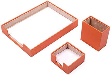 MOOGCO Leather Document Tray - Pen Holder - Note Paper Holder -3 Accessories-Desk Organizer - Office Desk Accessories - Desktop Storage - 3 PCS (ORANGE) by MOOGLLC