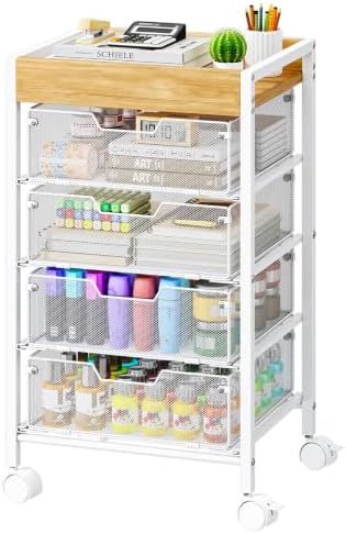 SWTYMIKI Rolling Cart with Drawers - Under Desk Storage Cart with Wheels, 4 Metal Drawers, Wood Top, Utility File Cart for Office Organization, Art, Craft, Classroom, Kitchen, Bedroom White by SwtyMiki-TidyHomeSweetLife