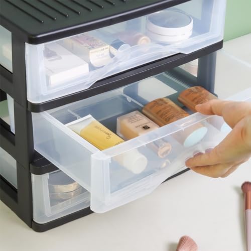 BYCY Medium 3 Drawer Plastic Clear Stacking Desktop Organizer for Office Supplies, Stackable Storage Drawers Storage Bins For Kitchen Cabinets, Pantry, Home Organization (Black, Medium 3Drawer) - Image 4