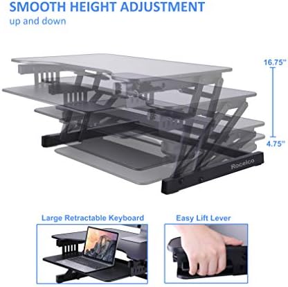 Rocelco 32" Height Adjustable Standing Desk Converter with Anti Fatigue Mat BUNDLE - Sit Stand Up Dual Monitor Riser - Computer Workstation - Large Retractable Keyboard Tray - Black (R ADRB-MAFM) - Image 4