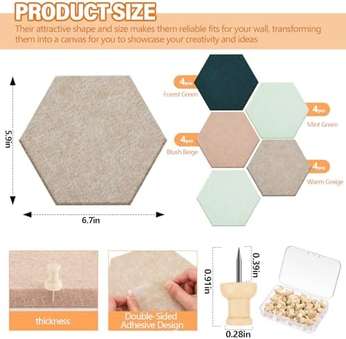 6.7 x 5.9 in 16 Pcs Hexagon Cork Board Tiles, Felt Pin Boards, Green - Image 2