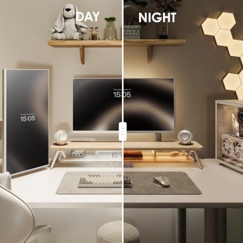 Fenge Dual Monitor Stand Riser with Phone & Tablet Slot, Oak - Image 6