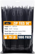 ALBO 1000 Pcs. Black Zip Ties, 14 Inch, Heavy Duty, 75 lb Tensile Strength by BinamInc