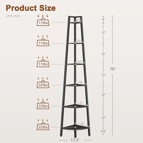 Hoctieon Corner Shelf, 6-Tier Corner Bookshelf, Rustic Ladder Shelf, Industrial Display Stand for Living Room, Kitchen, Home Office, Balcony, Small Space, Metal Frame, Black - Image 2
