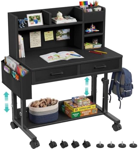 WINAZ Black Mobile Kids Desk - 32" Height Adjustable Study Table with Hutch by Unknown
