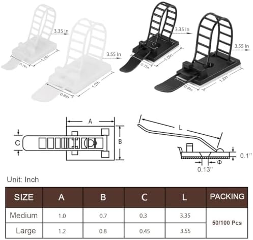 100Pcs Adhesive Cable Management Clips with 50Pcs Zip Ties, Adjustable Nylon Cable Strap Ties Wire Clips Clamps Organizer, Extra Screw & Hole - 3.35 Inch White (Pack of 3) - Image 7