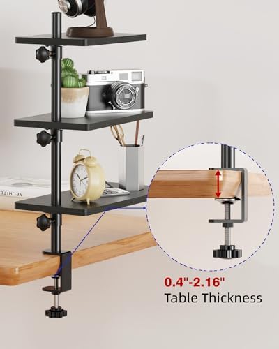3 Tiers Clamp On Desk Shelf, 360° Angle Adjustable Desktop Shelf Organizer for Home Office Gaming Room, No Drill Desk Extender Adapt to 0.4-2.16 inches Table Thick, Black Brown - Image 7