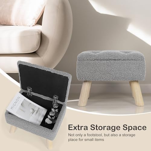 OGEMXU Storage Ottoman, Small Storage Ottoman Foot Stool with Wood Legs, Teddy Velvet Rectangular Foot Rest for Chair, Soft Sponge White Footstool for Living Room, Couch, Bedroom, Dorm (Grizzly) - Image 5