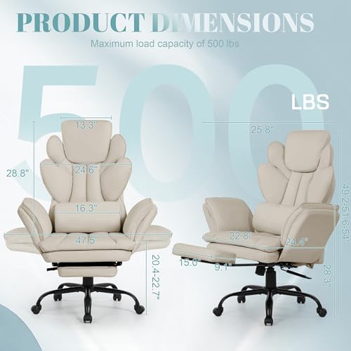 Flip Armrests Criss Cross Office Chair, Reclining Office Chair with Foot Rest, Adjustable Headrest, Massage Waist Pillow, Cross Legged Big and Tall Desk Chair Wide Seat Vanity Chair, Beige PU Leather - Image 2