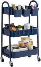 danpinera 3-Tier Rolling Cart, Utility Cart Mobile Metal Rolling Storage Cart with Lockable Wheels & Hanging Cups & Hooks for Kitchen, Bathroom, Office, Workshop, Dark Blue by danpinera