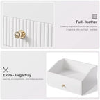 LADSTAG Office Desk Accessories,Beige White Vegan Leather Office Organizer with 1 Drawer & Tray,Pen Holder with Gold-Tone Metal Accents Knob for End Tables,Bedside Table,Bedroom. - Image 5