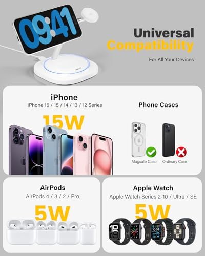 3 in 1 Magnetic Wireless Charger for Apple -Fast Charging Station Compatible with MagSafe for iPhone17-12, Apple Watch&AirPods, Phone and Watch Charger Stand for Desktop Bedside Office (Elegant White) - Image 5