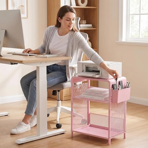 ECOLOVI Small 3 Tier Printer Stand for Under Desk, Height Adjustable Shelf Printer Table with 3 S-Hooks & Basket, Heavy Duty Industrial Storage Shelf for Home Office (Pink) - Image 5