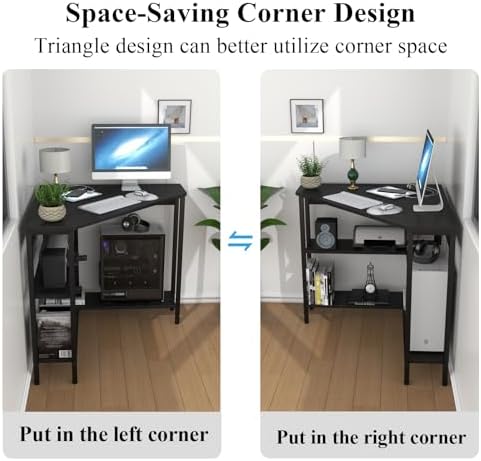 Triangle Corner Desk with Power Outlets, Storage Shelves for Small Space - Image 6