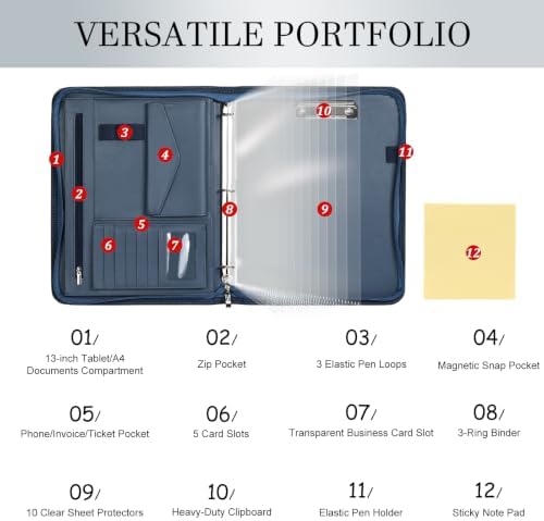 Leathario Portfolio Binder, Padfolio Organizer, 3 Ring Binder with Zipper - Image 3