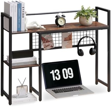 4-Tier Desk Hutch Shelf with Grid Panel, 36” Desktop Bookshelf for Monitor, Office & Home (Rustic Brown, 36") by Grecodown